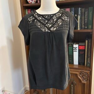 ELIOT Black Lace Neckline Pintuck Silk Blouse Short Sleeve Dark Romantic SZ Med